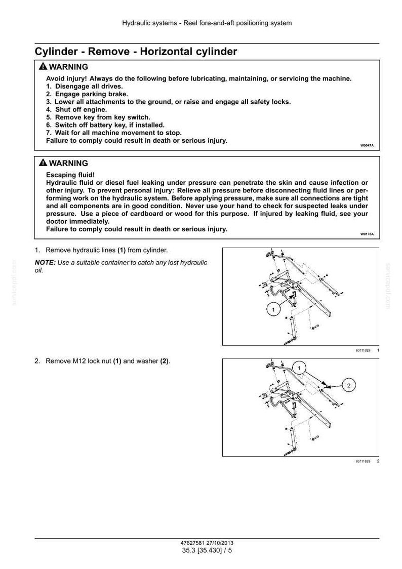 May include: Diagram of a hydraulic system with instructions for removing a horizontal cylinder. Includes safety warnings about escaping fluid and potential injury. The diagram shows numbered components for removal.