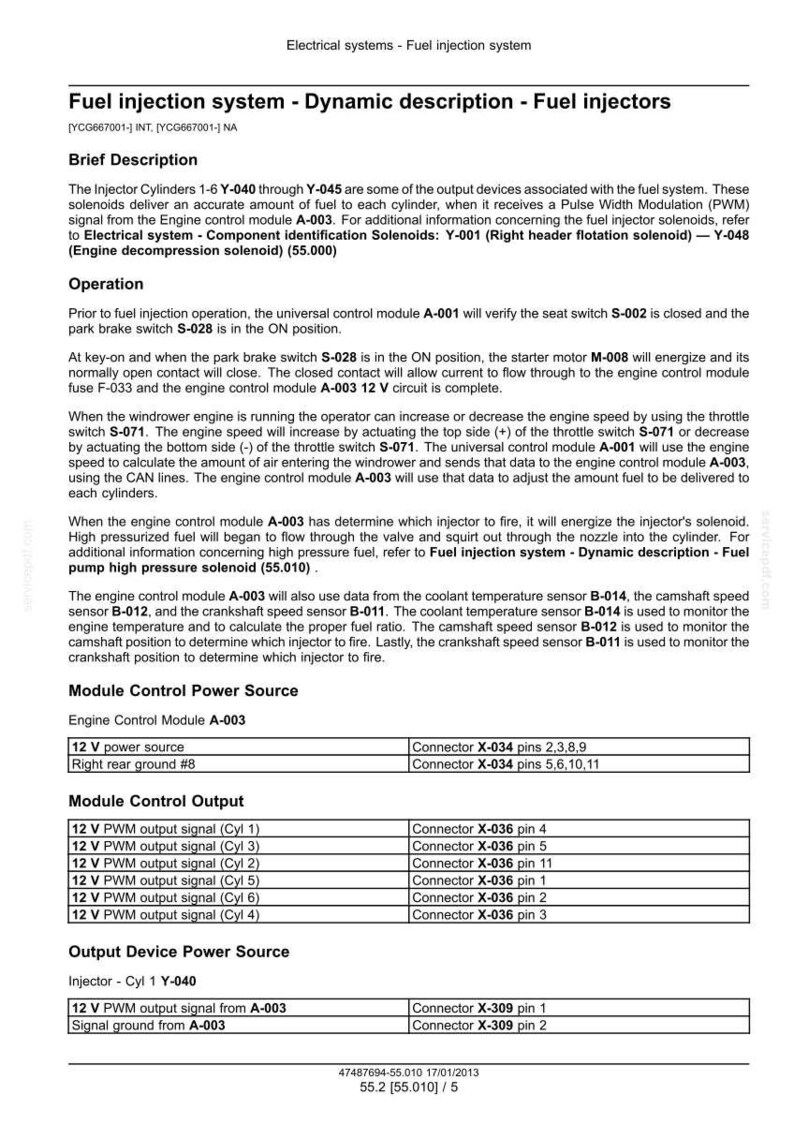 May include: A technical document detailing a fuel injection system, including dynamic descriptions of fuel injectors. The document provides information on injector cylinders, control modules, and output signals. Includes connector pin diagrams and operational details.