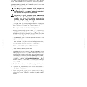May include: A page from a technical manual titled 7 STORAGE, containing instructions for tractor maintenance. It includes warnings about gasoline and engine safety, followed by an eleven-step list for preparing a tractor for long-term storage.