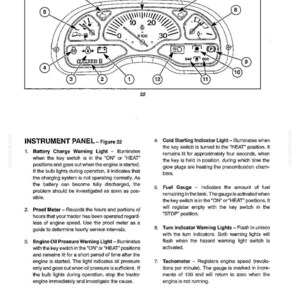 Pu&ograve; includere: Un diagramma tecnico del cruscotto di un trattore etichettato come Figura 22, con un contagiri centrale, un indicatore del carburante e varie spie numerate da 1 a 12. Il testo descrive i comandi, gli strumenti e il funzionamento del cruscotto.