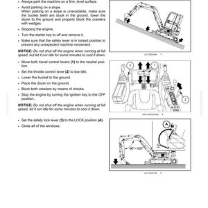 May include: Diagrams illustrating operating instructions for a machine. The images show steps for parking the unit, including lowering the bucket, setting levers, and locking the safety lever. Text provides detailed instructions.
