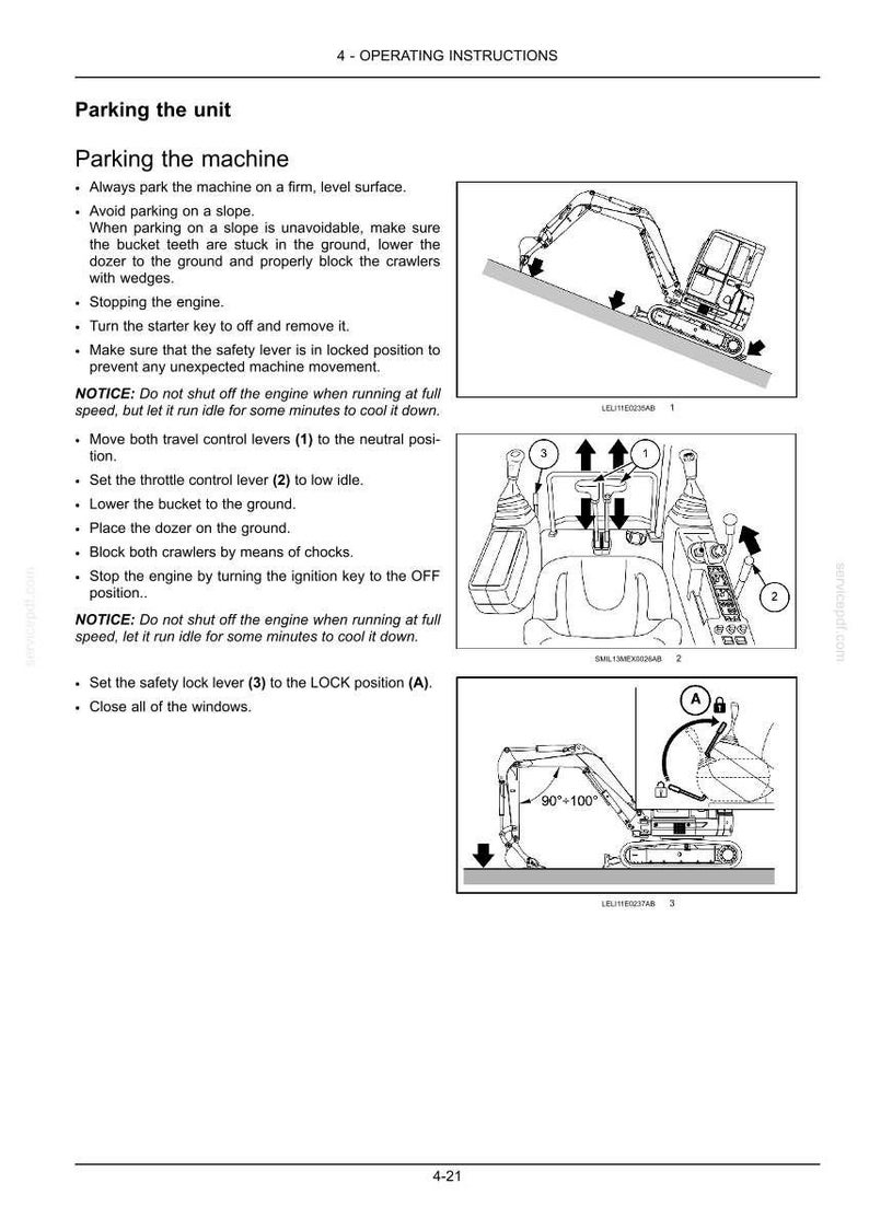 May include: Diagrams illustrating operating instructions for a machine. The images show steps for parking the unit, including lowering the bucket, setting levers, and locking the safety lever. Text provides detailed instructions.