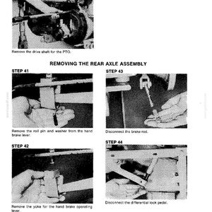 May include: A page from a manual with four illustrated steps for removing a rear axle assembly. The steps include removing the drive shaft, roll pin, brake rod, yoke, and differential lock pedal. Text includes "REMOVING THE REAR AXLE ASSEMBLY."