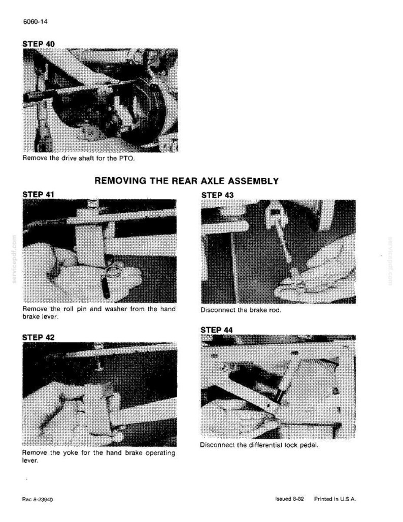 May include: A page from a manual with four illustrated steps for removing a rear axle assembly. The steps include removing the drive shaft, roll pin, brake rod, yoke, and differential lock pedal. Text includes "REMOVING THE REAR AXLE ASSEMBLY."