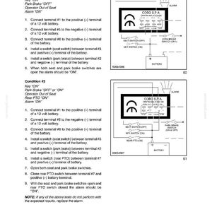 May include: Diagram of an electrical system, with text detailing conditions and steps for operation. Includes diagrams of switches, a battery, and an alarm. The text includes instructions for connecting terminals and testing the system.
