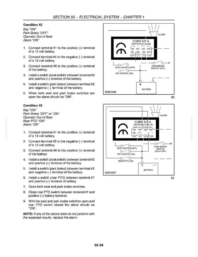 May include: Diagram of an electrical system, with text detailing conditions and steps for operation. Includes diagrams of switches, a battery, and an alarm. The text includes instructions for connecting terminals and testing the system.