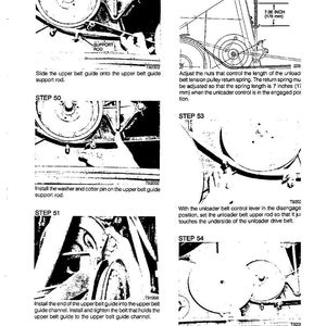 May include: Black and white diagram with instructions for machinery repair. Steps 49-54 detail assembly, including installing a belt guide, washer, cotter pin, and pulley shield. Measurements are provided in inches and millimeters.