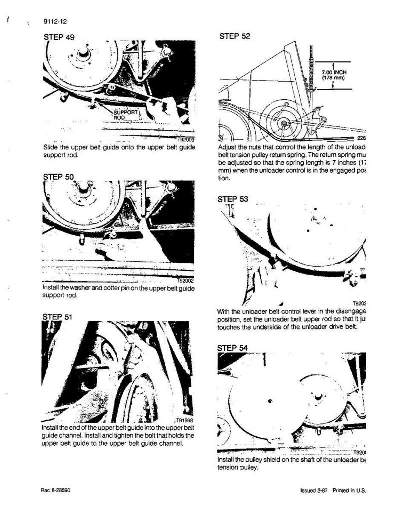 May include: Black and white diagram with instructions for machinery repair. Steps 49-54 detail assembly, including installing a belt guide, washer, cotter pin, and pulley shield. Measurements are provided in inches and millimeters.