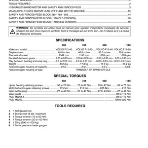 May include: A technical manual page with a table of contents, specifications, and special torques. The document includes warnings and details on tools required. Measurements are in metric units.