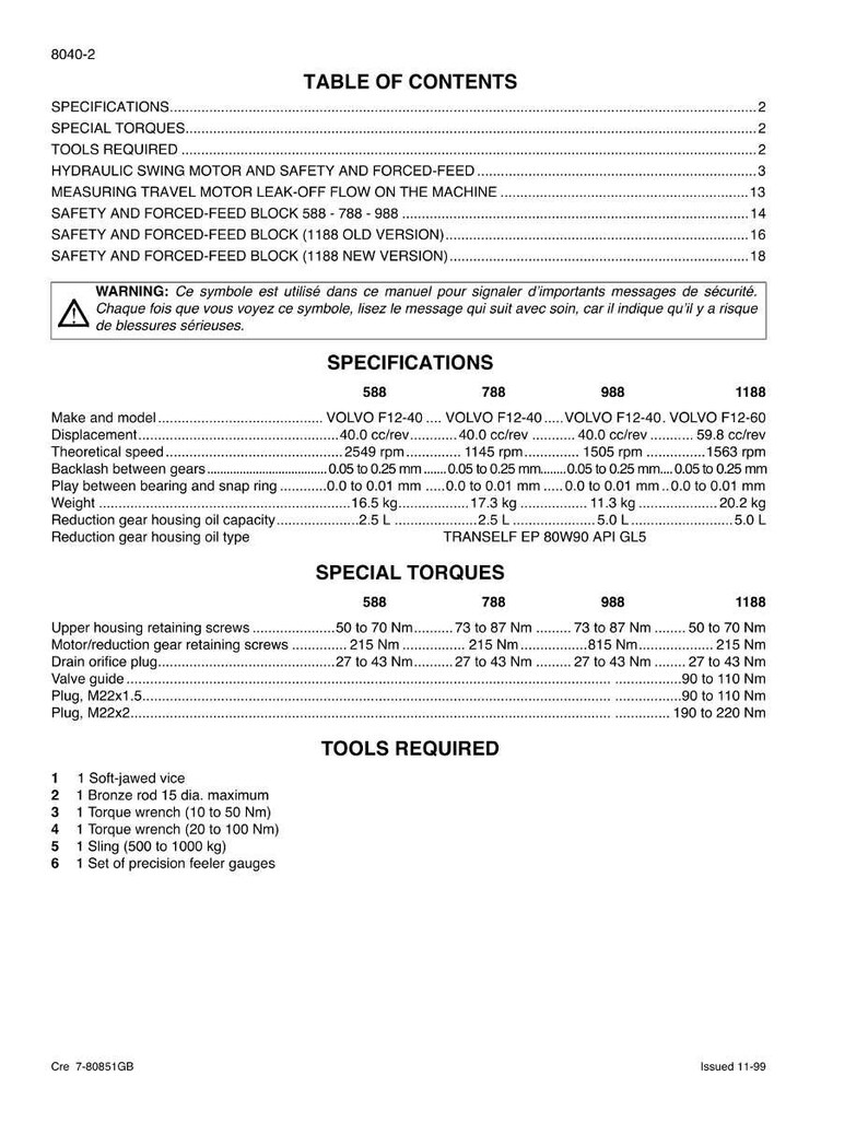 May include: A technical manual page with a table of contents, specifications, and special torques. The document includes warnings and details on tools required. Measurements are in metric units.