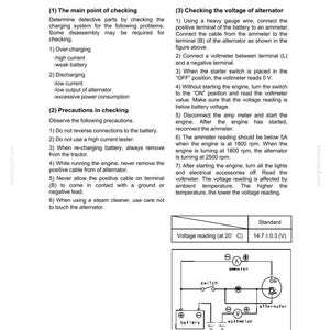 May include: Diagram of an electrical system with text instructions for checking an alternator. Includes a wiring diagram with a battery, ammeter, voltmeter, and alternator. The text provides voltage reading at 20&deg;C: 14.7&plusmn;0.3 (V).