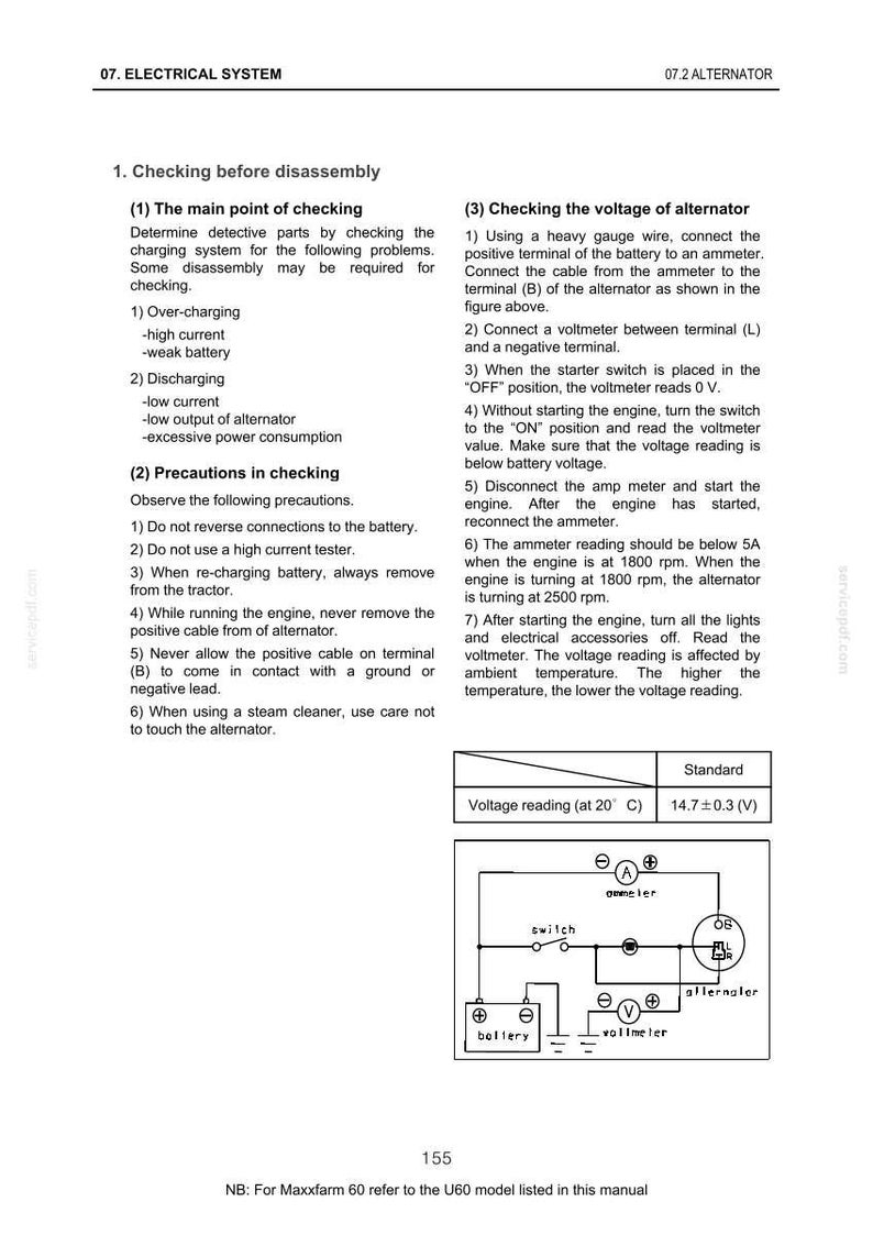 May include: Diagram of an electrical system with text instructions for checking an alternator. Includes a wiring diagram with a battery, ammeter, voltmeter, and alternator. The text provides voltage reading at 20&deg;C: 14.7&plusmn;0.3 (V).