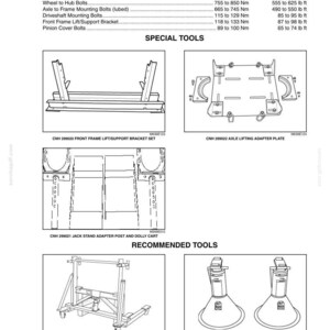 May include: Diagram of automotive tools and torque specifications. Includes images of a front frame lift bracket set, axle lifting adapter plate, jack stand adapter post, wheel/axle lift, and 12-ton jack stands. Text details torque values in both metric and U.S. units.