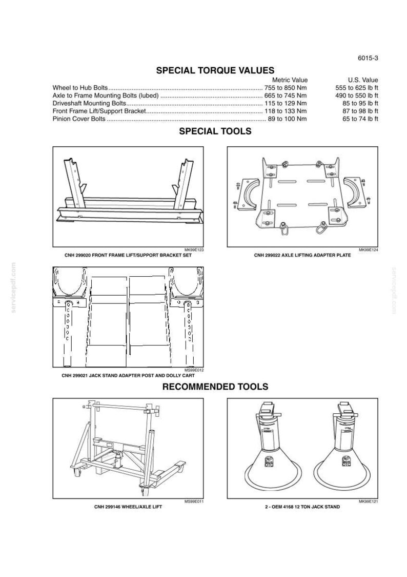 May include: Diagram of automotive tools and torque specifications. Includes images of a front frame lift bracket set, axle lifting adapter plate, jack stand adapter post, wheel/axle lift, and 12-ton jack stands. Text details torque values in both metric and U.S. units.