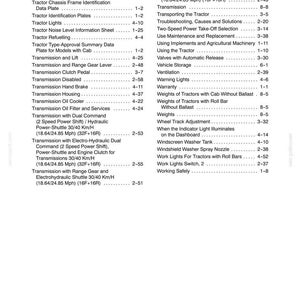 May include: A black and white printed table of contents page from a tractor manual, featuring two columns of text listing technical topics such as Towing Equipment, Transmission, Tractor Lights, and Warranty, with corresponding page numbers.