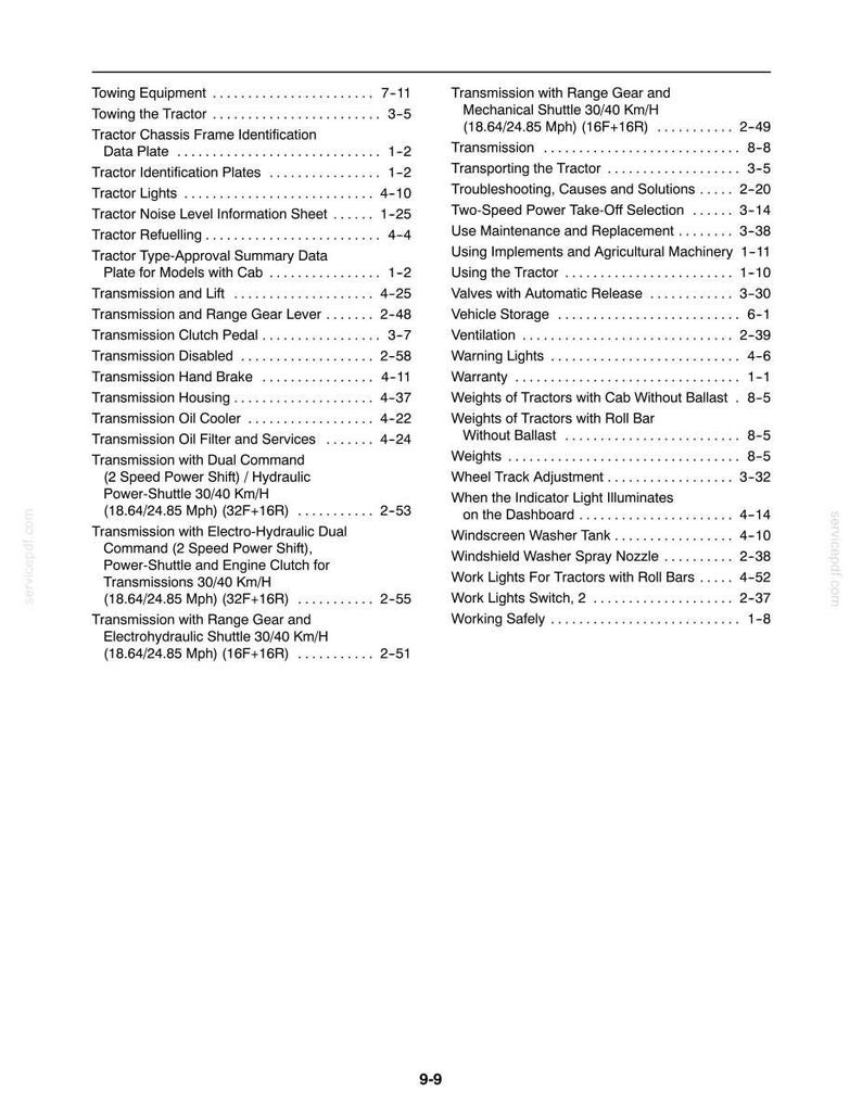 May include: A black and white printed table of contents page from a tractor manual, featuring two columns of text listing technical topics such as Towing Equipment, Transmission, Tractor Lights, and Warranty, with corresponding page numbers.