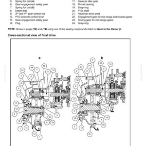 May include: Diagram of a rear axle system, showing a cross-sectional view of the final drive. Components are labelled, including gear control rods, detent balls, springs, and gears. The image includes a parts list and a note about sealing compounds.