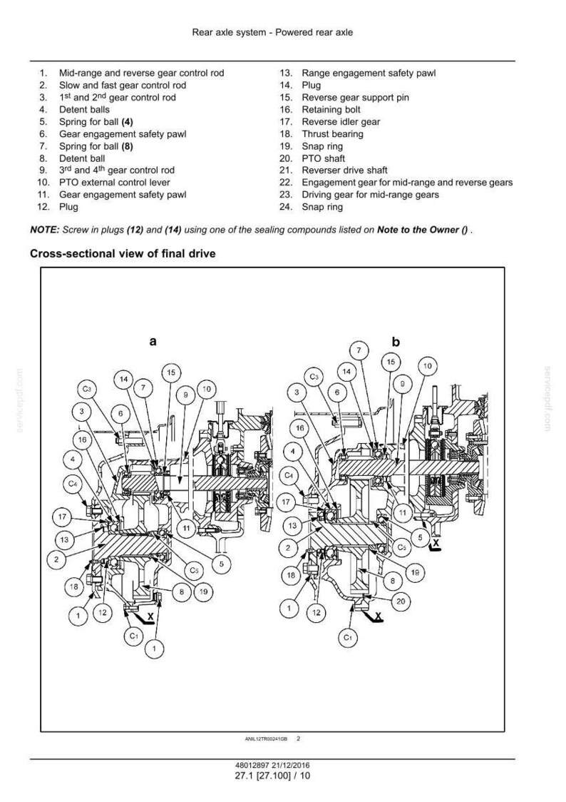 May include: Diagram of a rear axle system, showing a cross-sectional view of the final drive. Components are labelled, including gear control rods, detent balls, springs, and gears. The image includes a parts list and a note about sealing compounds.