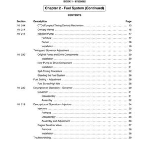 May include: A page from a manual titled "SECTION 10 - ENGINE" with a table of contents for Chapter 2, Fuel System. The table lists sections like "Injection Pump," "Governor," and "Injectors," with corresponding page numbers.