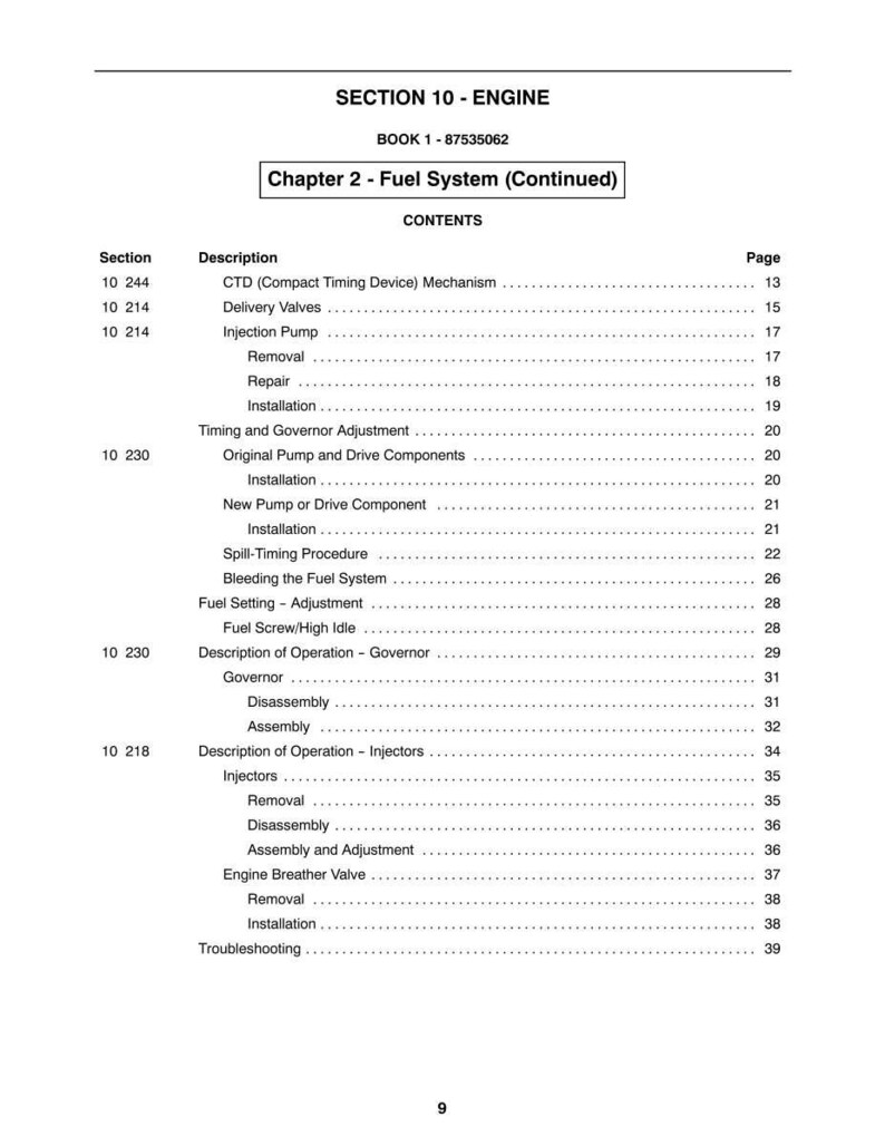 May include: A page from a manual titled "SECTION 10 - ENGINE" with a table of contents for Chapter 2, Fuel System. The table lists sections like "Injection Pump," "Governor," and "Injectors," with corresponding page numbers.