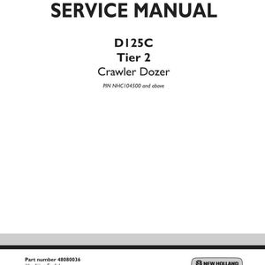 May include: A white service manual cover with black text. The title "SERVICE MANUAL" is at the top. Below, it reads "D125C Tier 2 Crawler Dozer." The New Holland Construction logo is at the bottom right.