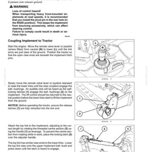 Puede incluir: Una p&aacute;gina de manual t&eacute;cnico titulada 6-WORKING OPERATIONS que contiene instrucciones de texto y tres dibujos lineales en blanco y negro que ilustran el proceso de acoplamiento de un implemento a un tractor, incluyendo un joystick, brazos de enlace y pasadores.