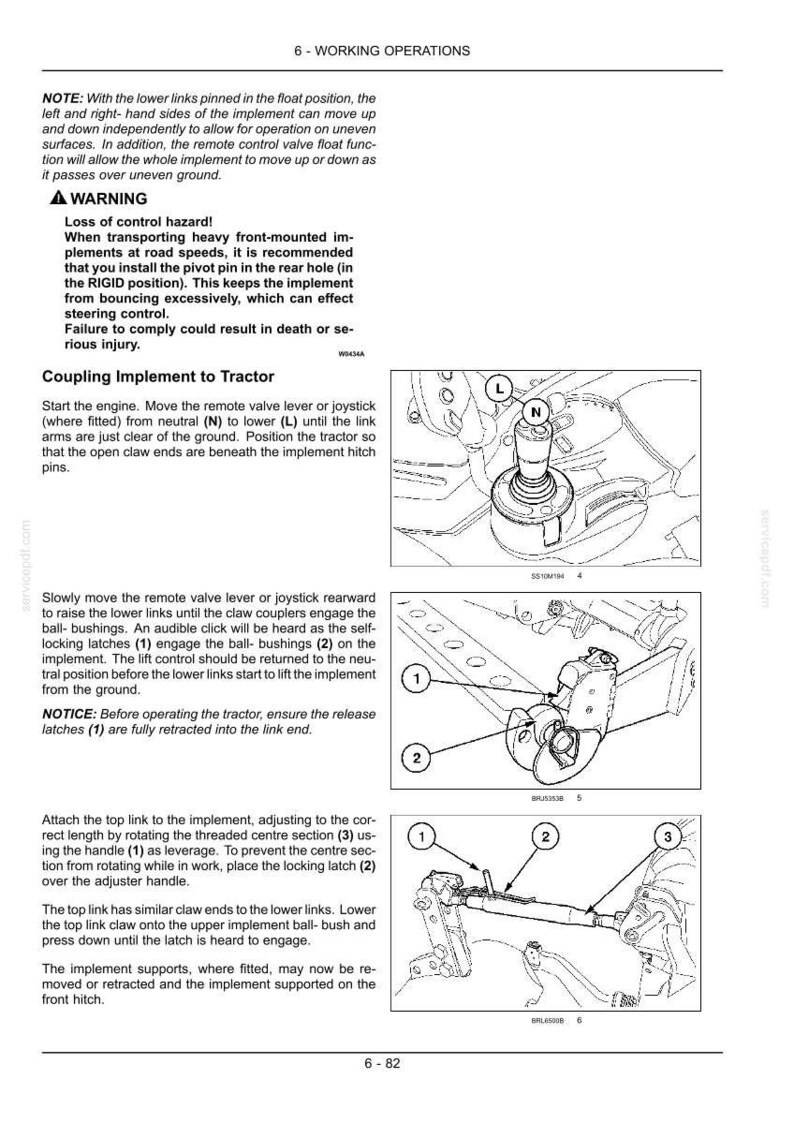 Puede incluir: Una p&aacute;gina de manual t&eacute;cnico titulada 6-WORKING OPERATIONS que contiene instrucciones de texto y tres dibujos lineales en blanco y negro que ilustran el proceso de acoplamiento de un implemento a un tractor, incluyendo un joystick, brazos de enlace y pasadores.