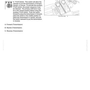 May include: Diagram of vehicle controls and instruments. Includes a transmission downshift button and an F-N-R switch. Text explains the function of each control, with labels for forward, neutral, and reverse.