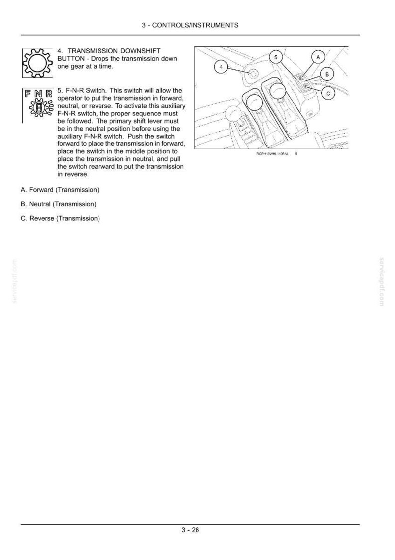May include: Diagram of vehicle controls and instruments. Includes a transmission downshift button and an F-N-R switch. Text explains the function of each control, with labels for forward, neutral, and reverse.