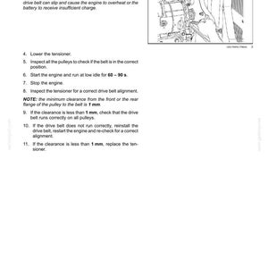 May include: A page from a maintenance manual with instructions for installing a new belt on an engine. The text includes steps, warnings, and a diagram of engine components. The minimum clearance is 1 mm.