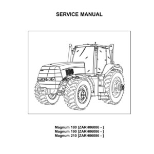 Pode incluir: Um manual de servi&ccedil;o para tratores Case IH Magnum. A capa apresenta o logotipo Case IH e as palavras "SERVICE MANUAL". O manual inclui um desenho linear de um trator e os n&uacute;meros de modelo: Magnum 180, 190 e 210.