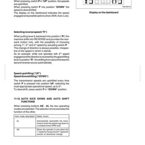 May include: A page from a manual with text and a digital display showing the number 8888.8:5. The text describes forward and reverse speed selection, speed upshifting and downshifting, and auto kick down and auto shift functions.