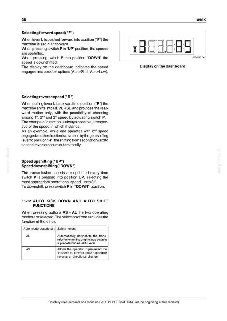 May include: A page from a manual with text and a digital display showing the number 8888.8:5. The text describes forward and reverse speed selection, speed upshifting and downshifting, and auto kick down and auto shift functions.