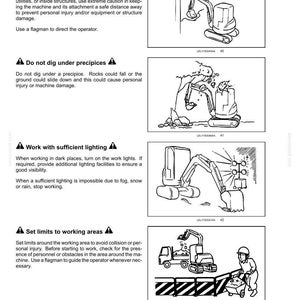 May include: Black and white illustrations from a safety manual. The images depict construction equipment operating in various scenarios, including restricted areas, near precipices, and in low-light conditions. Text provides safety guidelines.