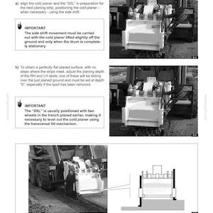 May include: Diagram of a cold planer, a machine used in road construction for side-by-side planing. The image includes text explaining the process, with close-up views of the machinery and its operation.