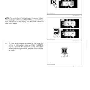 May include: A technical diagram with instructions for a crop cutter. The image shows a series of digital displays with various readings and icons, along with text instructions for calibration and error handling.