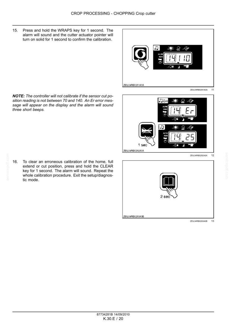 May include: A technical diagram with instructions for a crop cutter. The image shows a series of digital displays with various readings and icons, along with text instructions for calibration and error handling.