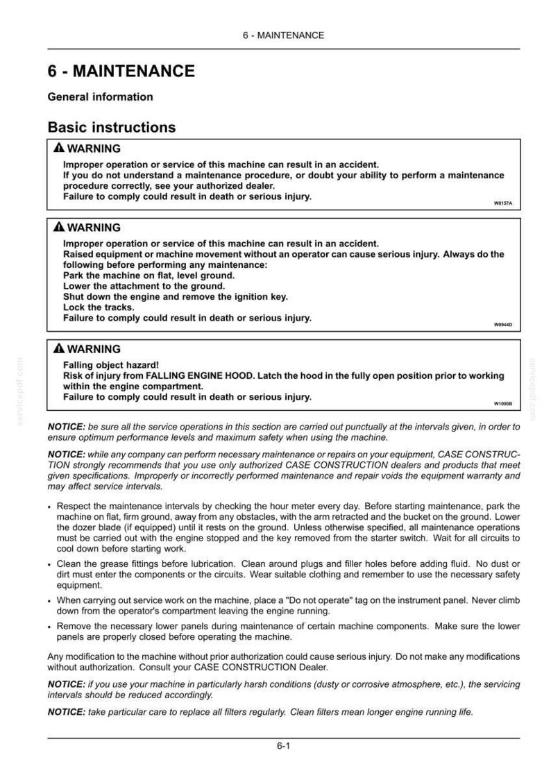 May include: A page from a maintenance manual with the title "6 - MAINTENANCE." The text includes safety warnings, basic instructions, and notices about machine maintenance, emphasizing safety and proper procedures for equipment operation.