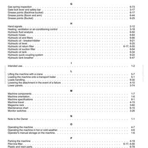 K&ouml;nnte beinhalten: Eine Seite aus einem Handbuch mit einer Liste von Maschinenkomponenten, einschlie&szlig;lich Kraftstofftank, Hydrauliksystemen und Maschinenspezifikationen. Der Text ist schwarz auf wei&szlig;em Hintergrund, mit Seitenzahlen und Abschnitts&uuml;berschriften.