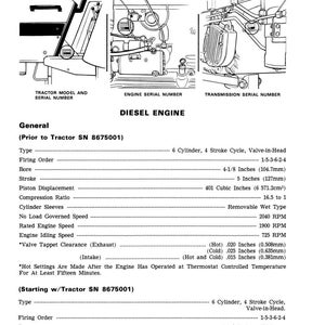 May include: Diagram of a diesel engine with detailed specifications. Includes illustrations of tractor components and serial numbers. Text provides engine type, firing order, bore, stroke, and other technical data. Measurements are in inches.