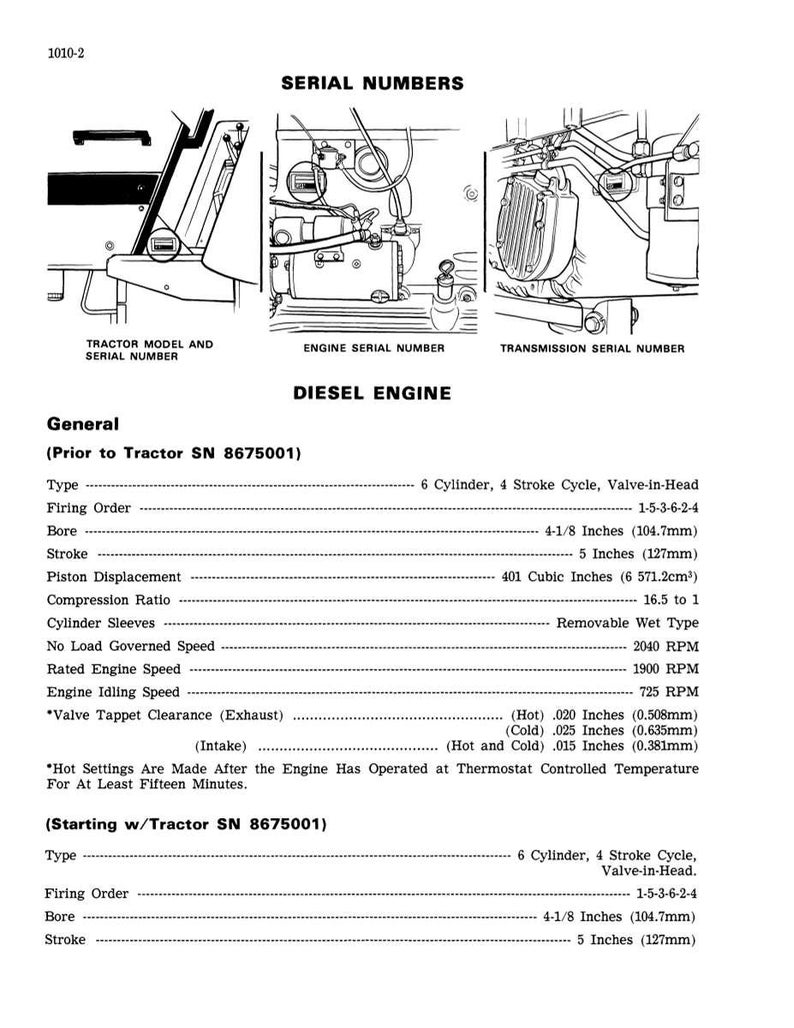 May include: Diagram of a diesel engine with detailed specifications. Includes illustrations of tractor components and serial numbers. Text provides engine type, firing order, bore, stroke, and other technical data. Measurements are in inches.