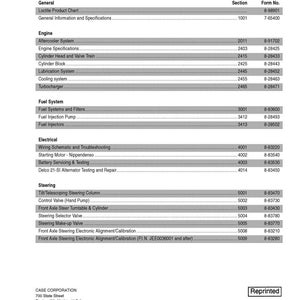 May include: A white printed page titled "9310 and 9330 Tractor Service Manuals Table of Contents." The document lists sections like Engine, Fuel System, and Steering, with corresponding form numbers. The text "Reprinted" is visible.