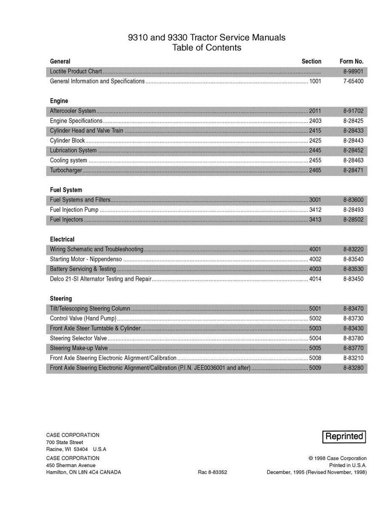 May include: A white printed page titled "9310 and 9330 Tractor Service Manuals Table of Contents." The document lists sections like Engine, Fuel System, and Steering, with corresponding form numbers. The text "Reprinted" is visible.