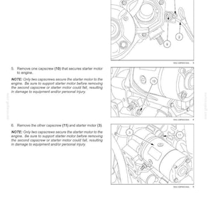 May include: Diagram of an engine starting system, with close-up views of components. Instructions detail removing screws and wires. Includes labels for parts like capscrews and the starter motor. Text provides safety notes for the procedure.