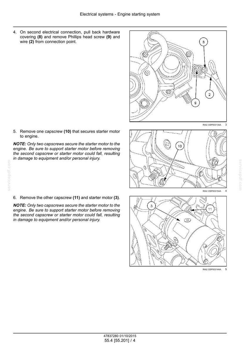 May include: Diagram of an engine starting system, with close-up views of components. Instructions detail removing screws and wires. Includes labels for parts like capscrews and the starter motor. Text provides safety notes for the procedure.