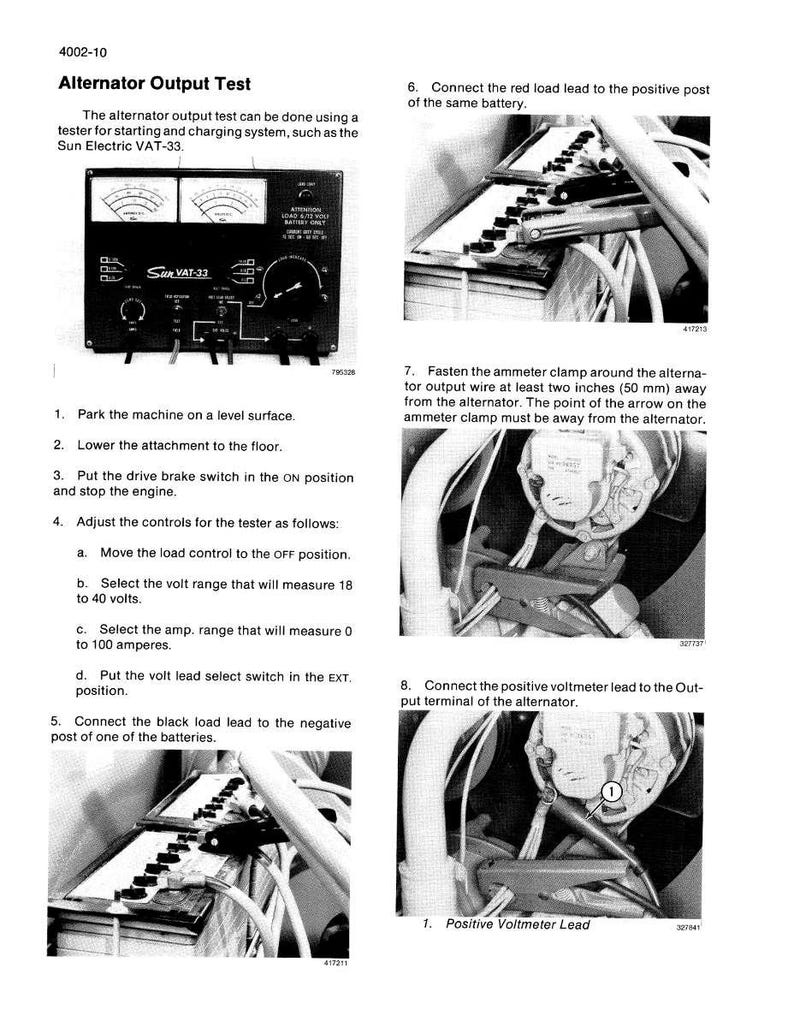 May include: A page from a manual detailing an alternator output test. The image includes diagrams and instructions for using a Sun Electric VAT-33 tester. The text explains how to connect leads and clamps for testing the alternator.