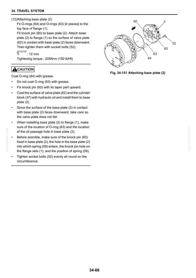Op de afbeelding: Technische tekening die de montage van componenten van het reissysteem illustreert, met basisplaten, O-ringen en bouten. De afbeelding biedt een explosietekening met genummerde onderdelen en montage-instructies. De tekst bevat koppel specificaties en veiligheidswaarschuwingen.