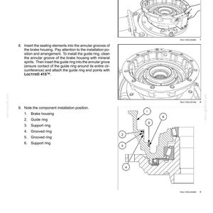 K&ouml;nnte beinhalten: Diagramm der Komponenten von hydraulischen Betriebsbremsen, einschlie&szlig;lich Bremssattel, F&uuml;hrungsring, St&uuml;tzringen und Nutringen. Das Bild enth&auml;lt detaillierte Illustrationen und Textanweisungen.