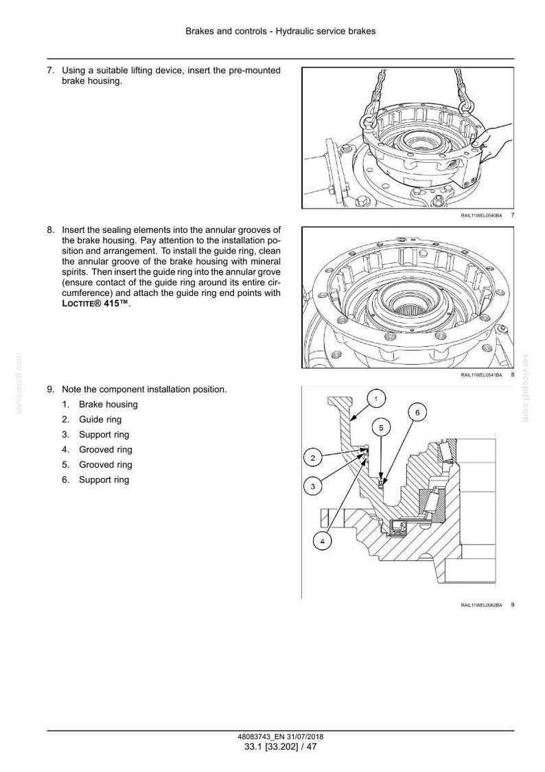 K&ouml;nnte beinhalten: Diagramm der Komponenten von hydraulischen Betriebsbremsen, einschlie&szlig;lich Bremssattel, F&uuml;hrungsring, St&uuml;tzringen und Nutringen. Das Bild enth&auml;lt detaillierte Illustrationen und Textanweisungen.