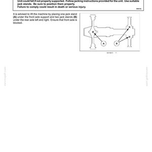 May include: A technical maintenance document page titled 7 - MAINTENANCE, Tractor jacking points. It includes a warning about crushing hazards, instructions for using jack stands, and a diagram showing points A and B on a tractor axle.